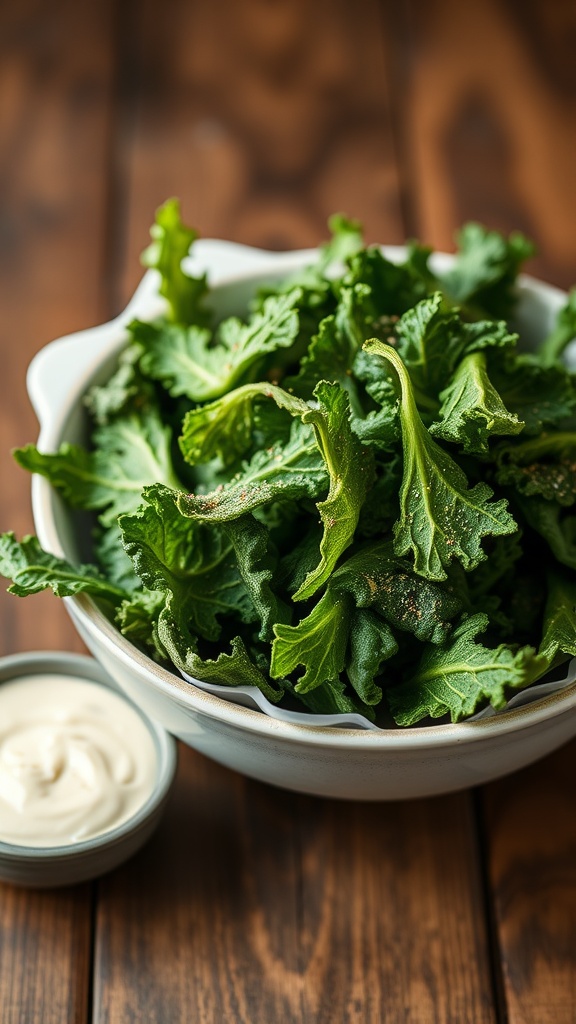 Crispy kale chips in a bowl with seasonings, served with a dip on a wooden table.